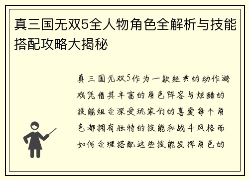 真三国无双5全人物角色全解析与技能搭配攻略大揭秘